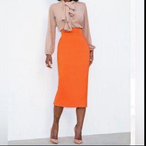 House of CB orange bandage pencil wiggle skirt midi bright bodycon knee michaela